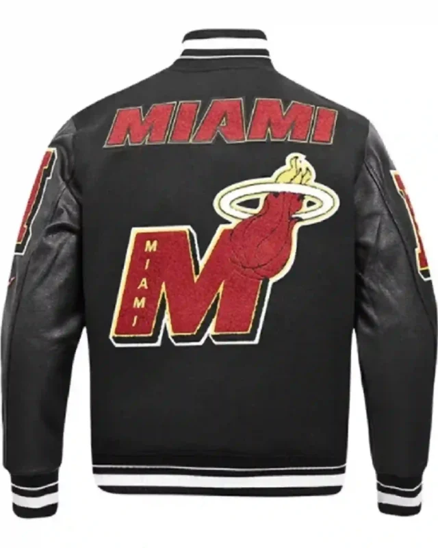 Buy Full-zip Miami Heat Mash-Up Black Wool and Leather Varsity Jacket Sale Back