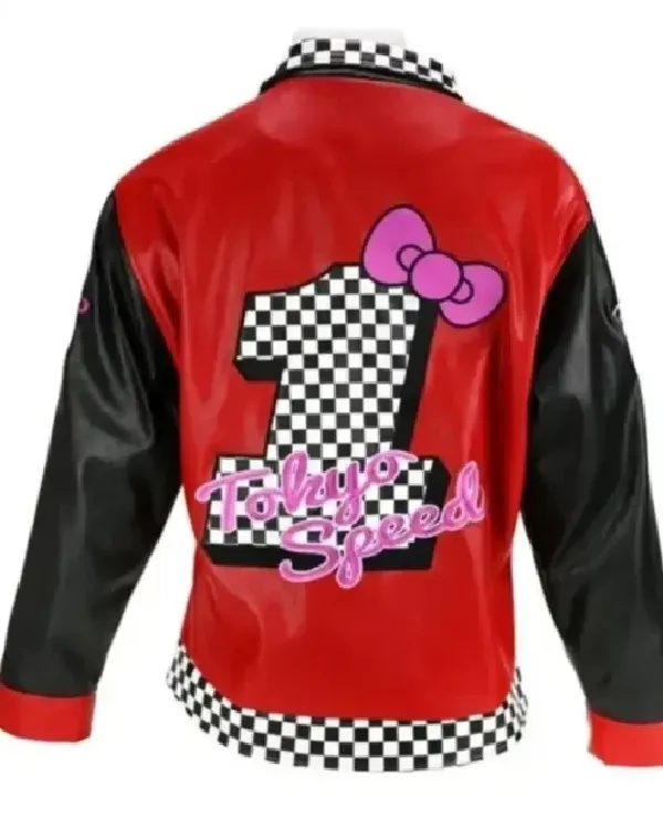 Buy Hello Kitty Tokyo Speed Moto Leather Jacket with red and black sleeves. Stylish, bold, and perfect for fans who love unique moto fashion.