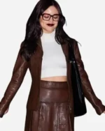 Buy Jenna Ortega Death of a Unicorn 2025 Press Tour Looks Ridley Brown Leather Jacket Sale