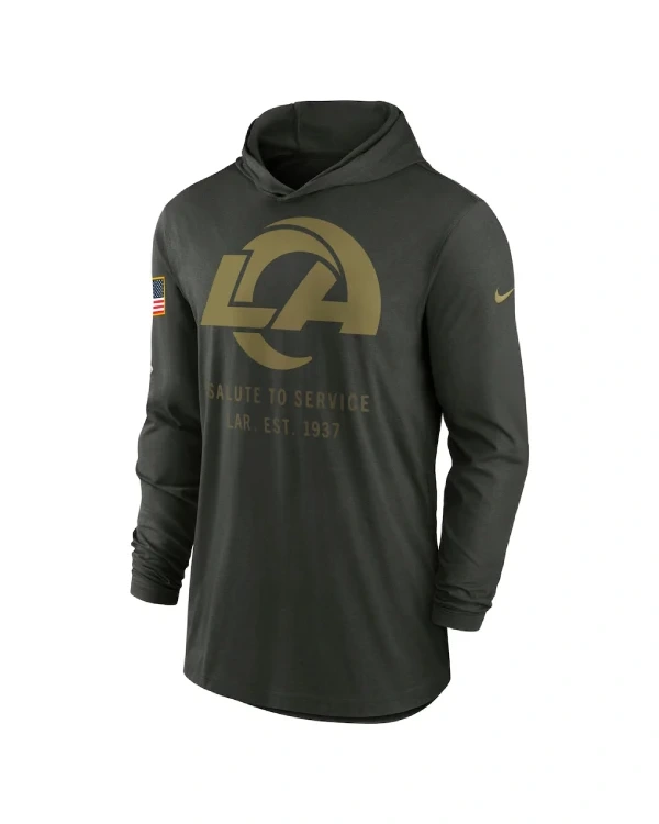 Buy Men’s Los Angeles Rams Nike Forest Green 2025 Salute to Service Sideline Dri-FIT Lightweight Hooded Pullover