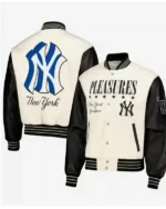 Buy Men’s New York Yankees Pleasures White Full-Snap Varsity Jacket Sale