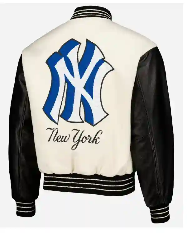 Buy Men’s New York Yankees Pleasures White Full-Snap Varsity Jacket Sale Back