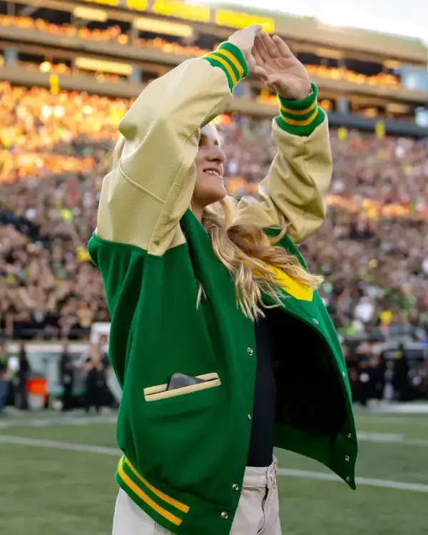 Buy Recreated - University Of Oregon Ducks Letterman Baseball Varsity Jacket Green Sale Site post