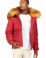 Buy Recreation – Rockstar Langston Black Puffer Jacket With Fur Hood Sale Red