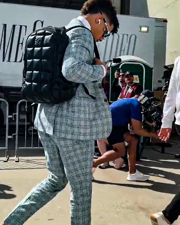 Buy SBLVII Patrick Mahomes Gray Checkered Suit