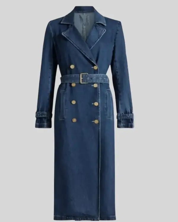 Buy Selena Gomez Only Murders in the Building Season 5 Double-Breasted Denim Maxi Trench Coat Blue Sale