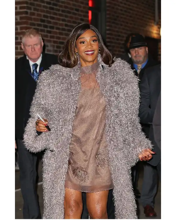 Buy Tiffany Haddish The Late Show In New York City Long Textured Gray Fur Coat