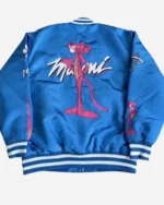 Buy Unisex 1963 The Pink Panther Miami Full Snap Varsity Jacket Sale Blue Back