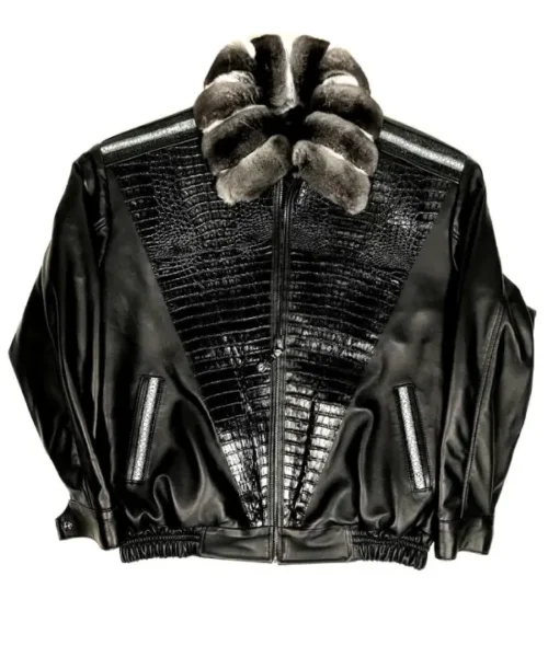 Chinchilla Fur Collar Black Sheepskin Leather Jacket