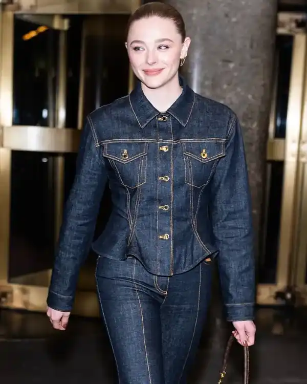 Chloë Grace Moretz Midtown NYC 2025 Stitching and Peplum Hem Dark Indigo Tailored Denim Jacket