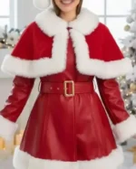 Christmas Red Leather Shearling Coat with Cape
