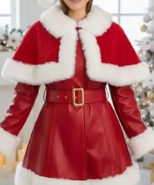 Christmas Red Leather Shearling Coat with Cape