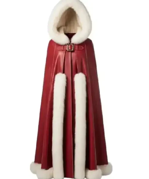 Classic Christmas Red Leather Shearling Fur Cape Cloak