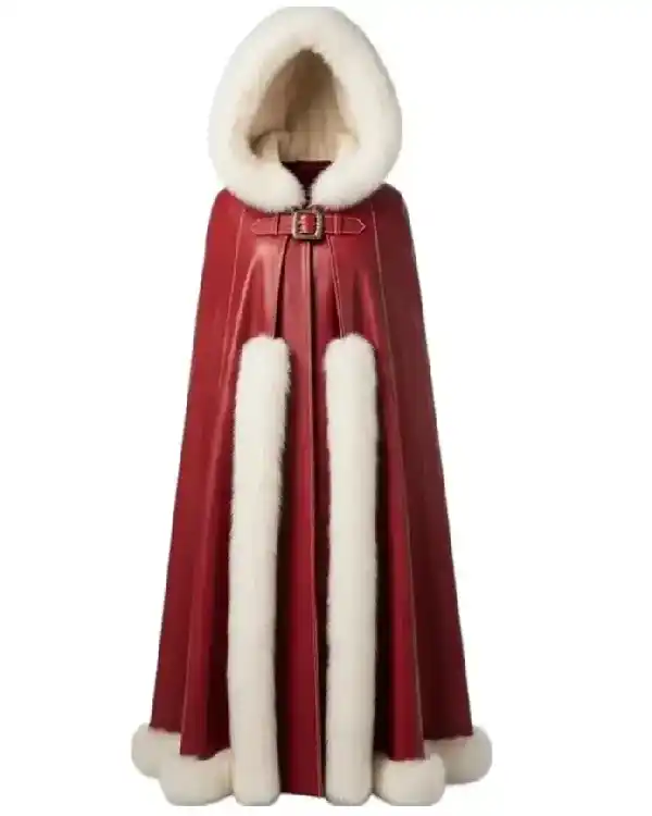 Classic Christmas Red Leather Shearling Fur Cape Cloak