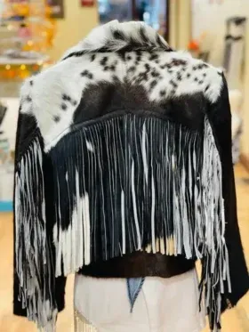 Cowhide Fur Black And White Biker Collar Jacket Back