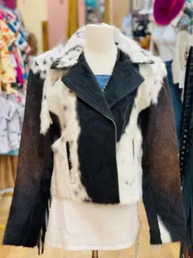 Cowhide Fur Black And White Biker Collar Jacket