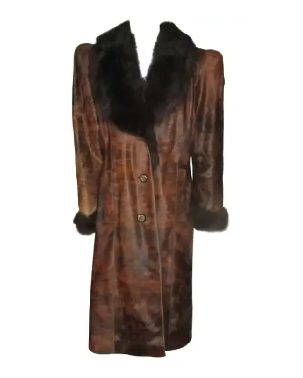 Dark Brown Long Cowhide Fur Leather Long Coat (1)