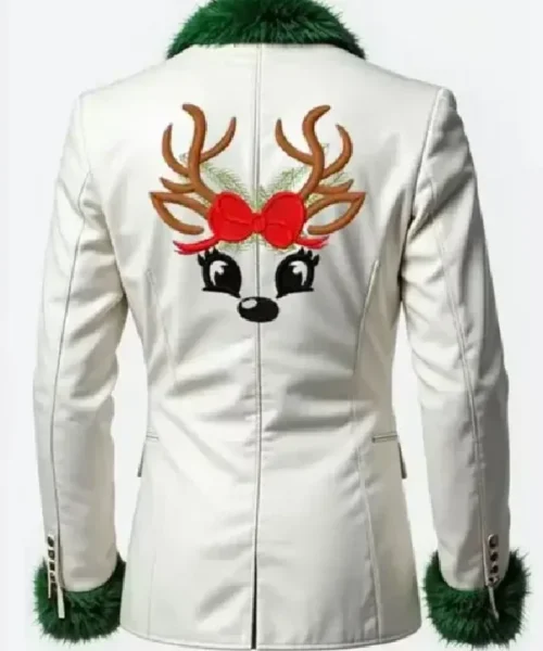Deer Embroidered White Christmas Blazer