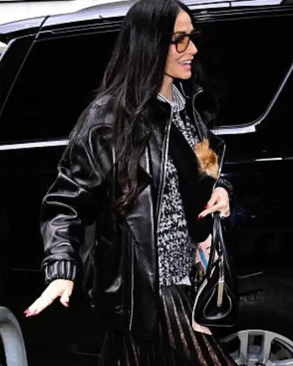 Demi Moore Dog Pilaf York City 2025 Oversized Black Leather Bomber Jacket  Sale