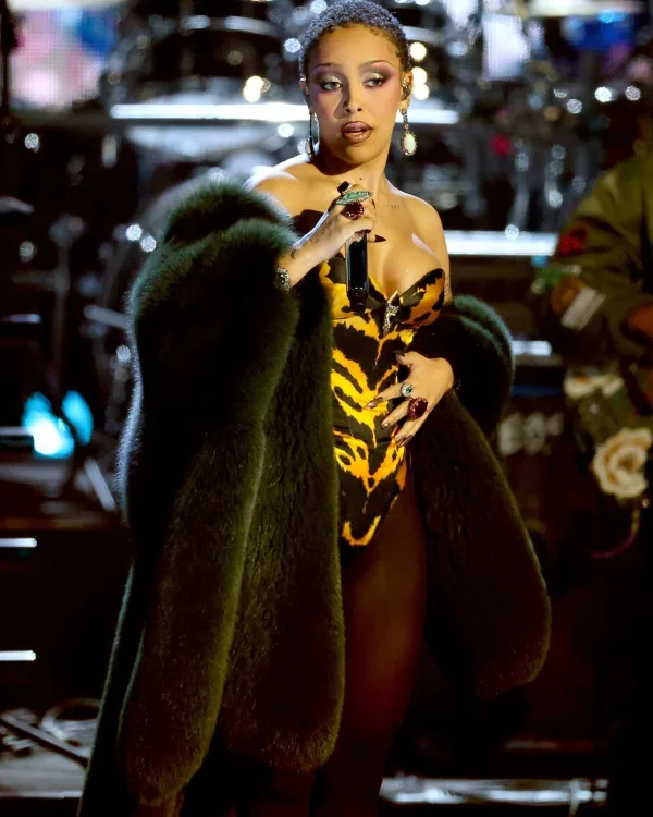 Doja Cat Dark Green Oversized Fur Coat
