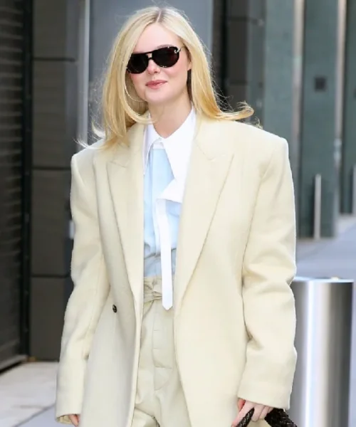 Elle Fanning Long Cream Overcoat