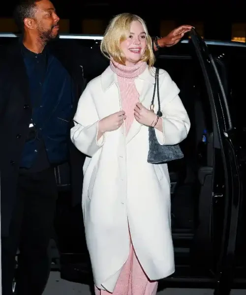 Elle Fanning Long White Coat