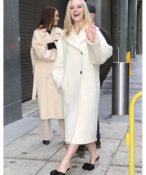 Elle Fanning White Wool Coat
