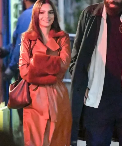 Emily Ratajkowski Long Brown Leather Coat