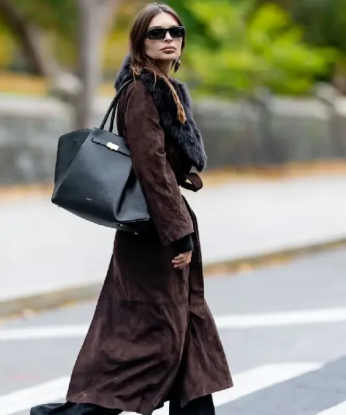 Emily Ratajkowski Long Brown Suede Coat With A Fur Collar