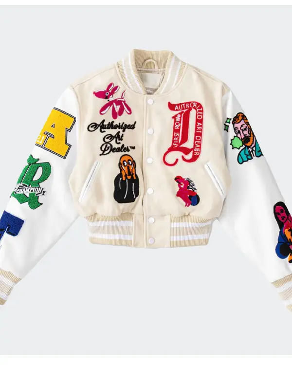 First Row Art Dealer Graphic Cropped Cream Varsity Jacket