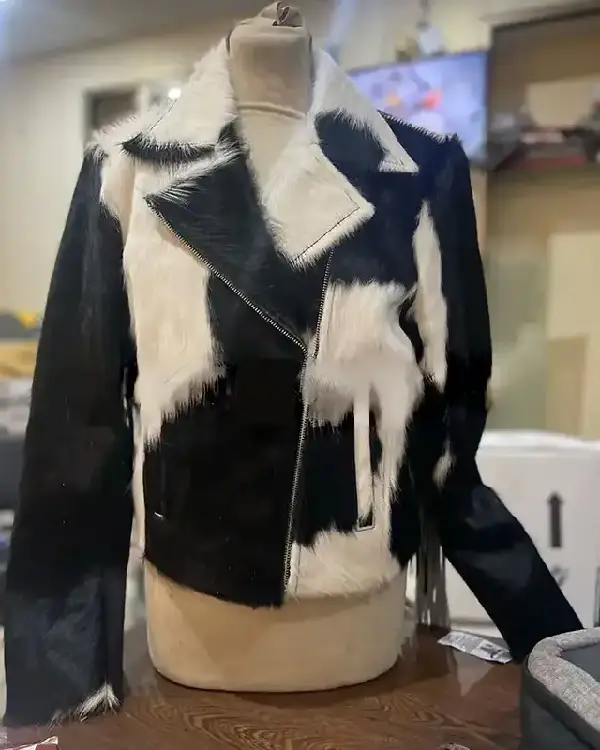 Fringe Style Black And White Leather Cowhide Fur Jacket (1)
