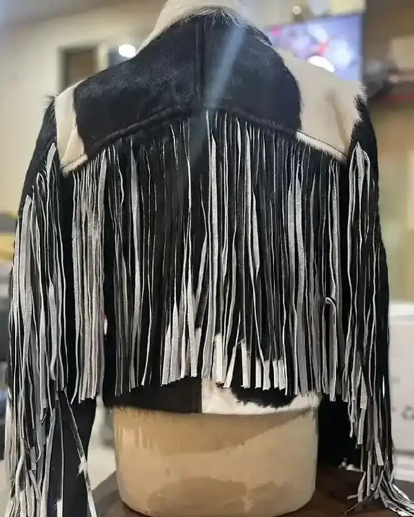 Fringe Style Black And White Leather Cowhide Fur Jacket sale