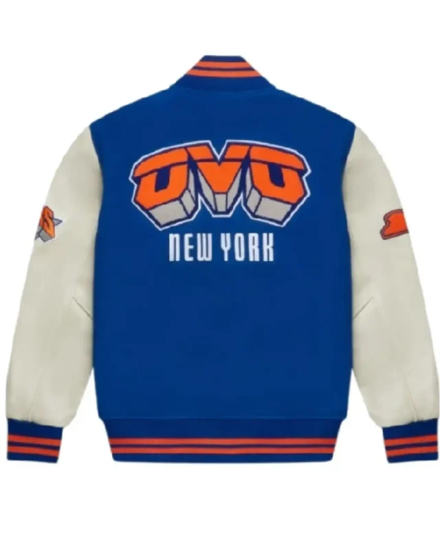 Full-snap OVO New York Knicks Blue_Off-White Wool_Leather Varsity Jacket