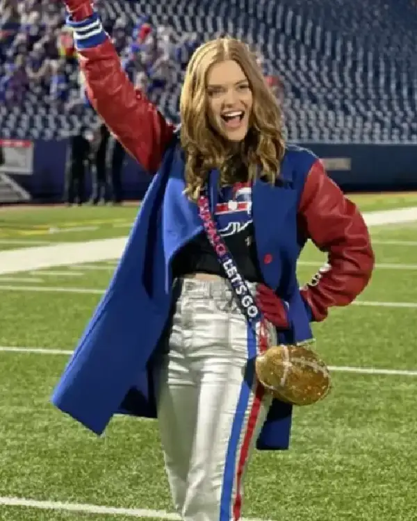Holland Roden Holiday Touchdown_ A Bills Love Story Movie 2025 Morgan Quinn Blue and Red Wool Coat with Leather Sleeves shop