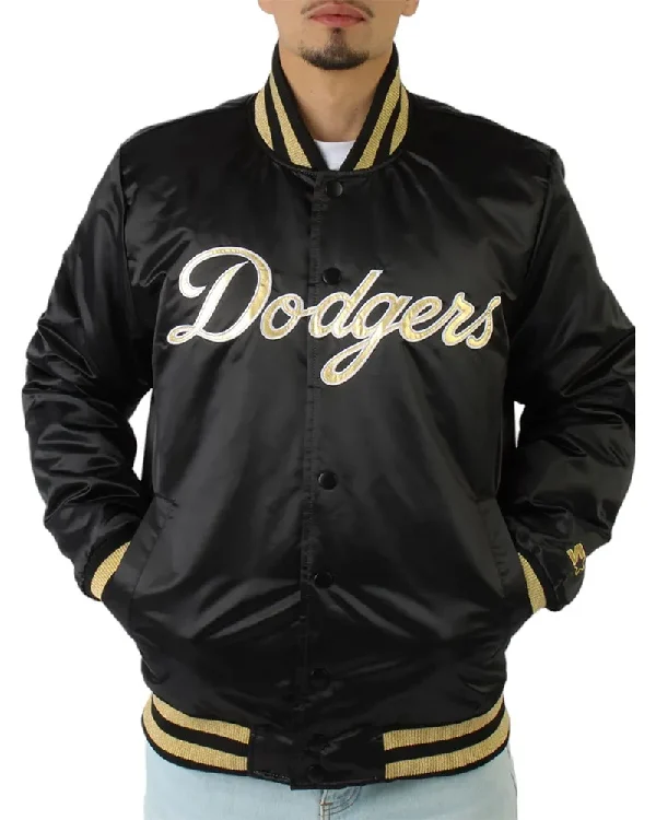 LA Dodgers Gold Patches Satin Jacket