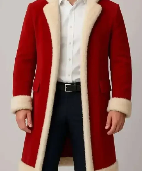 Men Red Christmas Fur Trim Coat