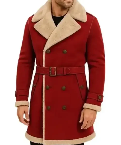Men’s Christmas Red Shearling Trench Coat