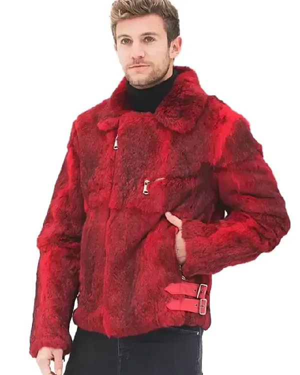 Mens Red Faux Fur Biker Jacket