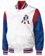 New England Patriots Throwback Warm Up Pitch Varsity White Satin Jacket