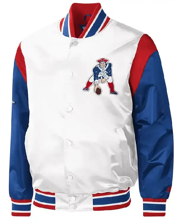 New England Patriots Throwback Warm Up Pitch Varsity White Satin Jacket