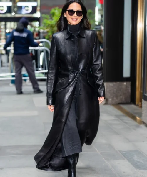 Olivia Munn Black Leather Trench Coat