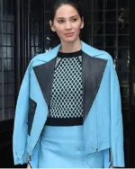 Olivia Munn Blue Leather Jacket