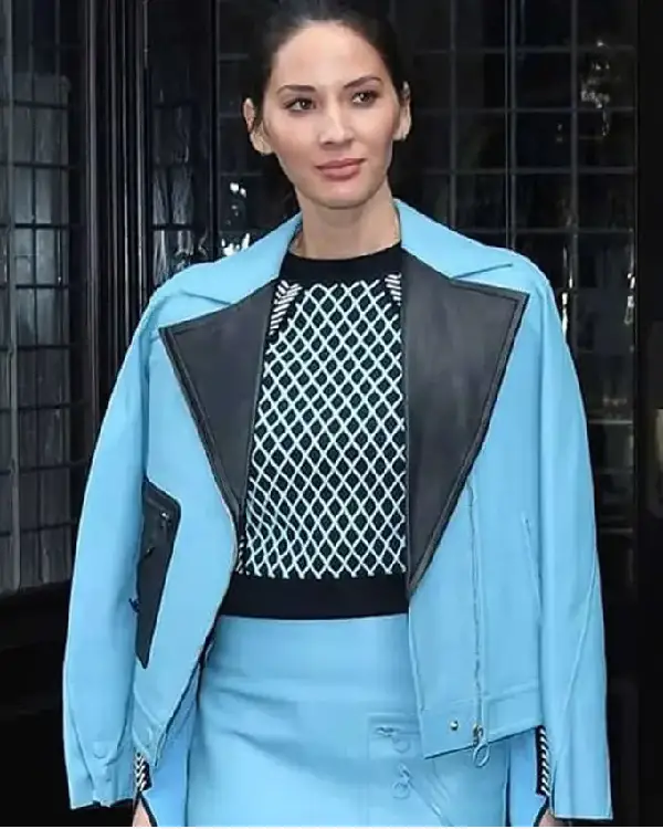 Olivia Munn Blue Leather Jacket