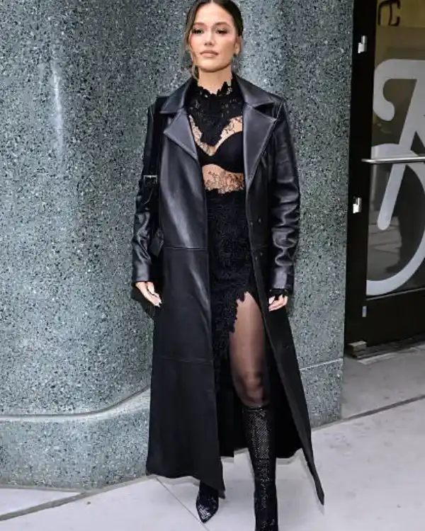 Order Olivia Holt New York City 2025 Black Leather Oversized Trench Coat For Sale