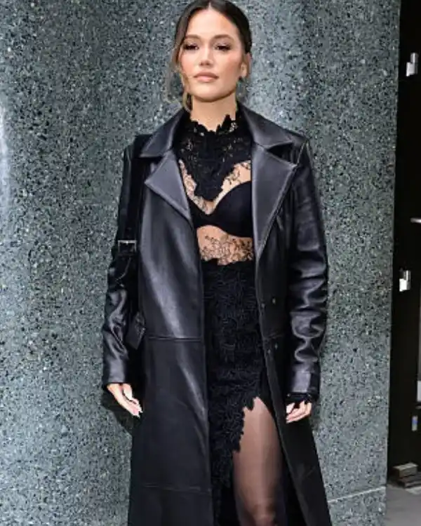 Order Olivia Holt New York City 2025 Black Leather Oversized Trench Coat