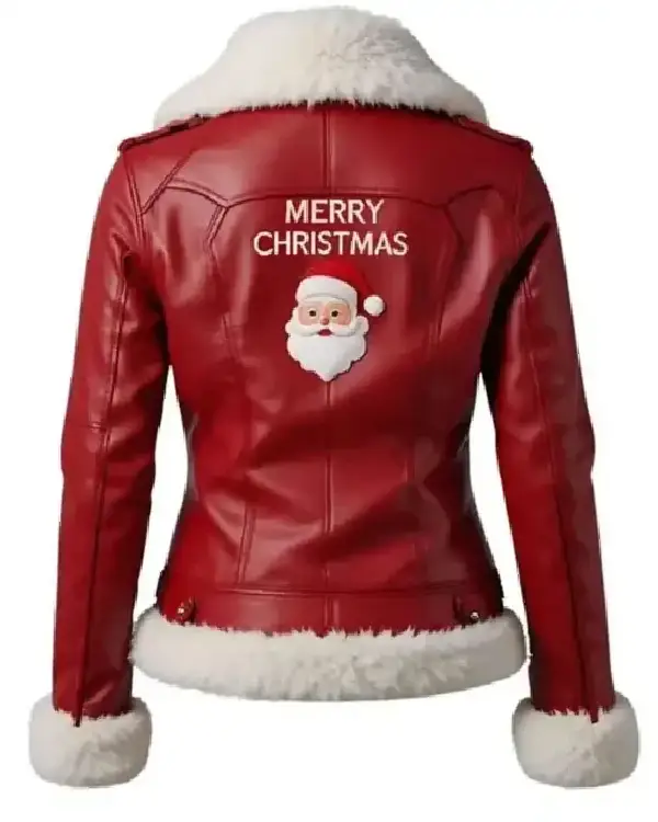 Order Santa Claus Merry Christmas Red Shearling Leather Biker Jacket for Women