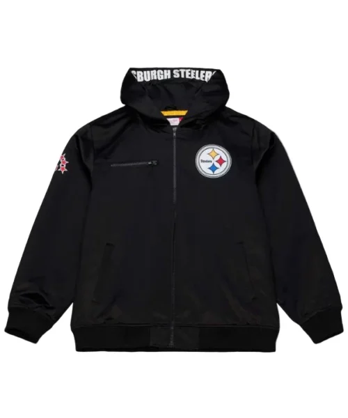 Buy Pittsburgh Steelers Black Walk the Tunnel Hooded Satin Bomber Full-Zip Jacket