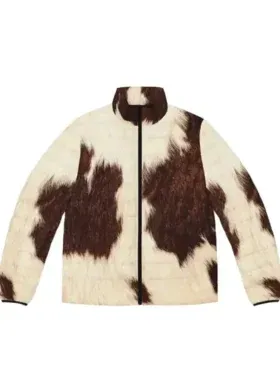 Puffer Style Cowhide Print Leather Jacket