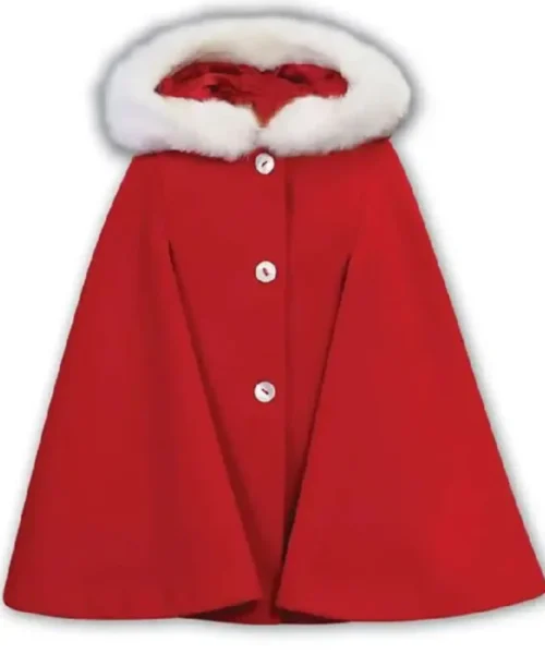 Red Winter Cape With White Faux Fur Collar