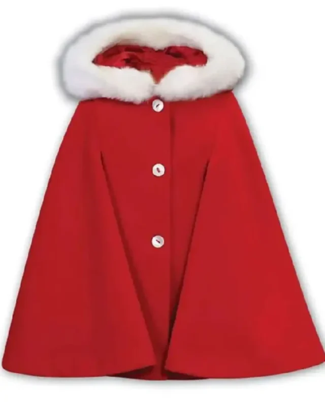 Red Winter Cape With White Faux Fur Collar